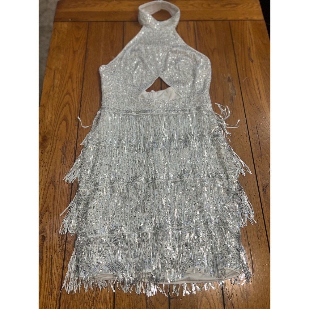 SHEIN Silver Sequin Fringe Halter Mini Dress Cutout Open Back Party Size L 8/10